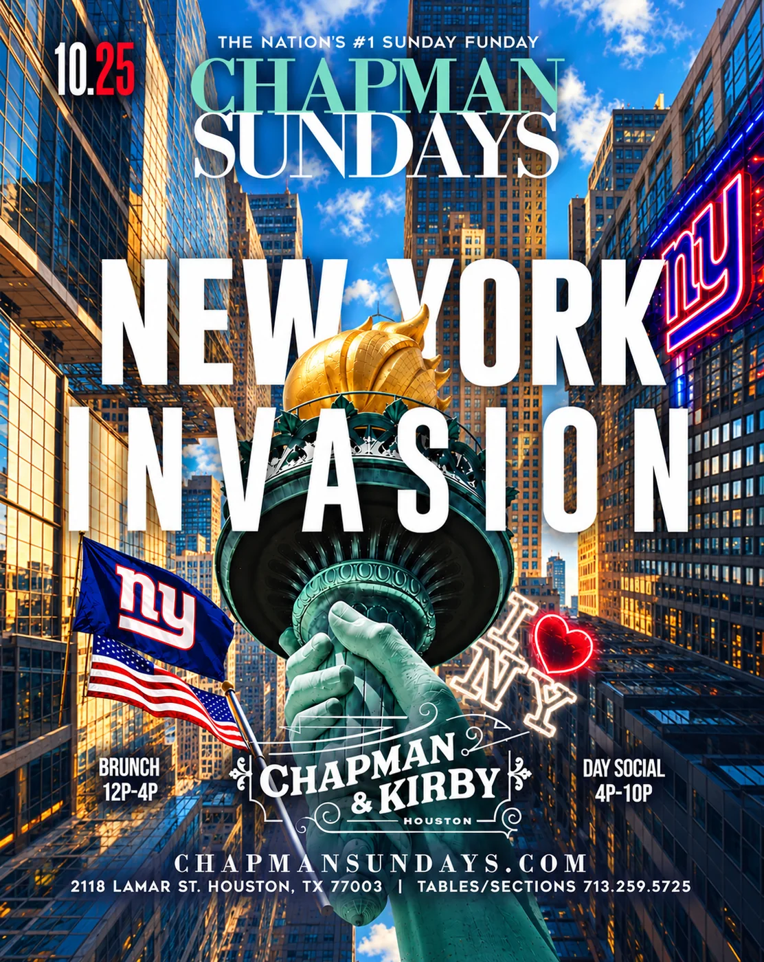 Chapman Sundays flyer: New York Invasion — Brunch 12P–4P · Day Social 4P–10P · Sunday, October 25