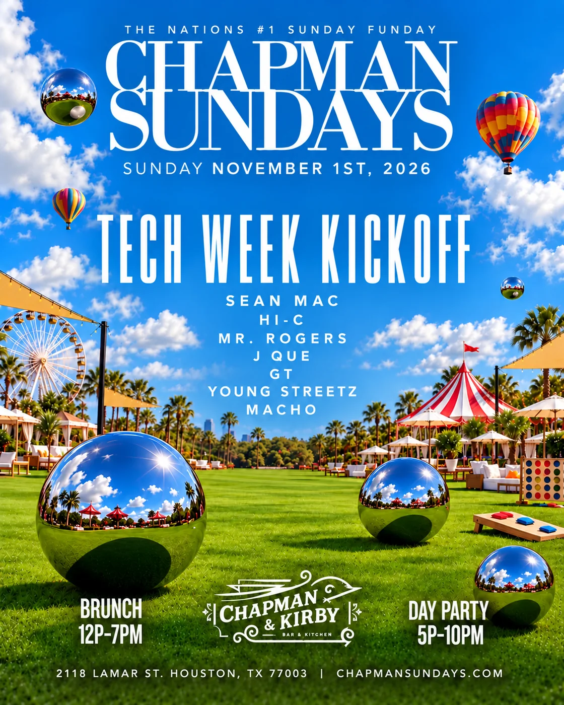 Chapman Sundays flyer: Tech Week Kickoff · Sunday, November 1, 2026 · Sean Mac, Hi-C, Mr. Rogers, J Que, GT, Young Streetz, Macho · Brunch 12P–7PM · Day Party 5P–10PM