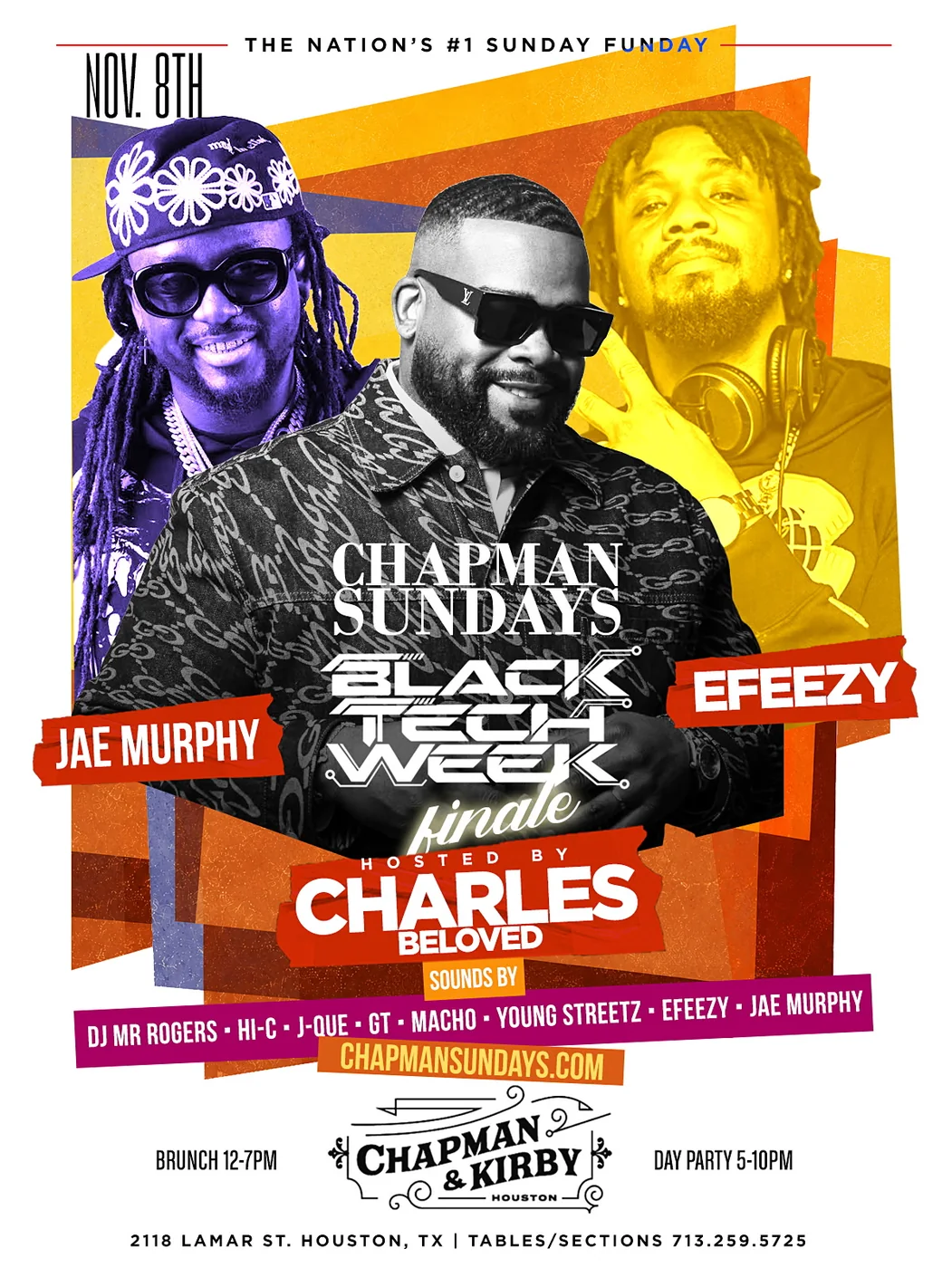Chapman Sundays flyer: Black Tech Week Finale · Sunday, November 8 · Hosted by Charles Beloved with Jae Murphy and Efeezy · Brunch 12–7 PM · Day Party 5–10 PM